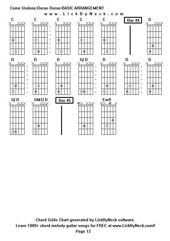 Chord Grids Chart of chord melody fingerstyle guitar song-Come Undone-Duran Duran-BASIC ARRANGEMENT,generated by LickByNeck software.